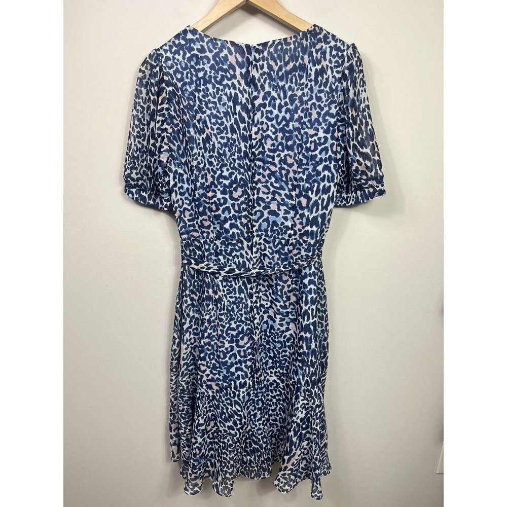 Eliza J Womens Dress Size 8 Blue Faux Neck Puff Sleeve Leopard Print - Picture 7 of 9